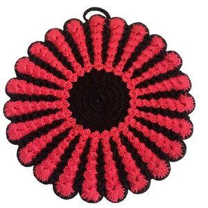 Vintage Red & Black Hand Crocheted Potholder 7.5" Retro Charm Kitchen Decor